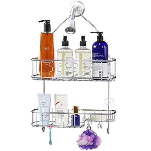 Simple Houseware Bathroom Hanging Shower Head Caddy Organizer + Multi-Functional 6 Slots Toothbrush Holder, Chrome