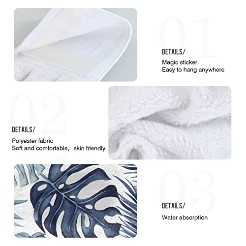 susiyo 2pcs Hanging Kitchen Towels, Navy Blue Palm Leaves Hand Bath Towels Super Absorbent Dish Towels Soft Coral Velvet Tie Towel with Loop for Bathroom Washcloth Farmhouse Home Decor, 18x14 Inch