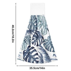 susiyo 2pcs Hanging Kitchen Towels, Navy Blue Palm Leaves Hand Bath Towels Super Absorbent Dish Towels Soft Coral Velvet Tie Towel with Loop for Bathroom Washcloth Farmhouse Home Decor, 18x14 Inch