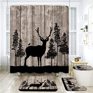simiwow rustic forest elk shower curtain set with rugs wildlife animal shower curtain farmhouse decor set deer shower curtain with mats, set of 4