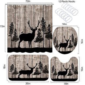 SiMiWOW Rustic Forest Elk Shower Curtain Set with Rugs Wildlife Animal Shower Curtain Farmhouse Decor Set Deer Shower Curtain with Mats, Set of 4