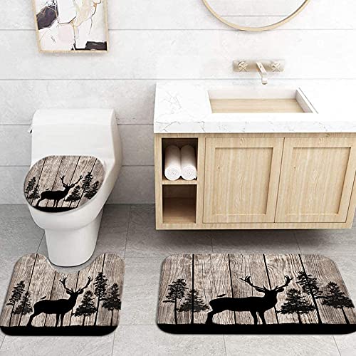 SiMiWOW Rustic Forest Elk Shower Curtain Set with Rugs Wildlife Animal Shower Curtain Farmhouse Decor Set Deer Shower Curtain with Mats, Set of 4