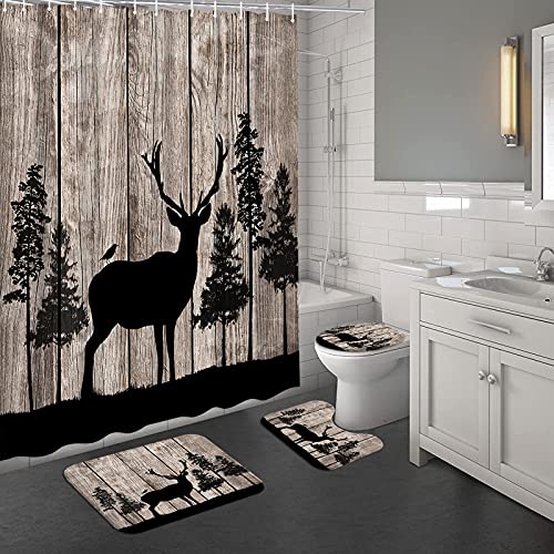 SiMiWOW Rustic Forest Elk Shower Curtain Set with Rugs Wildlife Animal Shower Curtain Farmhouse Decor Set Deer Shower Curtain with Mats, Set of 4