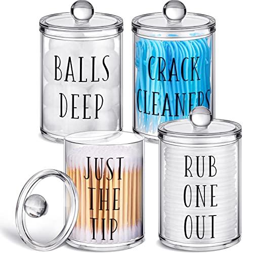 4 Pack Fun Qtip Holder Apothecary Jars with Lids,10 oz Clear Bathroom Organizer Storage for Cotton Swab, Cotton Ball, Floss and Cotton Round Pads, Cotton Ball Holder Bathroom Decor Bathroom Containers