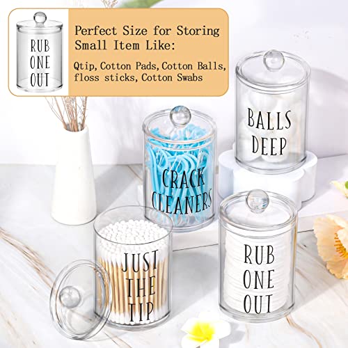 4 Pack Fun Qtip Holder Apothecary Jars with Lids,10 oz Clear Bathroom Organizer Storage for Cotton Swab, Cotton Ball, Floss and Cotton Round Pads, Cotton Ball Holder Bathroom Decor Bathroom Containers