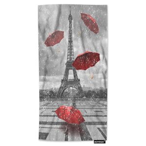 aoyego eiffel tower red umbrella beach towels rainy day in paris france gray microfiber soft towels for bath hair hand towel for women/men/girls/boys 15x30 inch