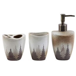 Paseo Road by HiEnd Accents | Clearwater Pines 3 Piece Rustic Countertop Bathroom Accessory Set with Soap Lotion Dispenser, Tumbler, Toothbrush Holder, Forest Pine Tree Cabin Theme Bath Accessories