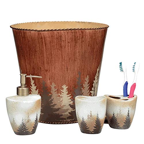 Paseo Road by HiEnd Accents | Clearwater Pines 3 Piece Rustic Countertop Bathroom Accessory Set with Soap Lotion Dispenser, Tumbler, Toothbrush Holder, Forest Pine Tree Cabin Theme Bath Accessories