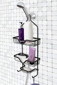 splash home maui aluminum bathroom organizer shower caddy, hanging head two shelf plus dish, shower rack storage for shampoo, conditioner and soap, black