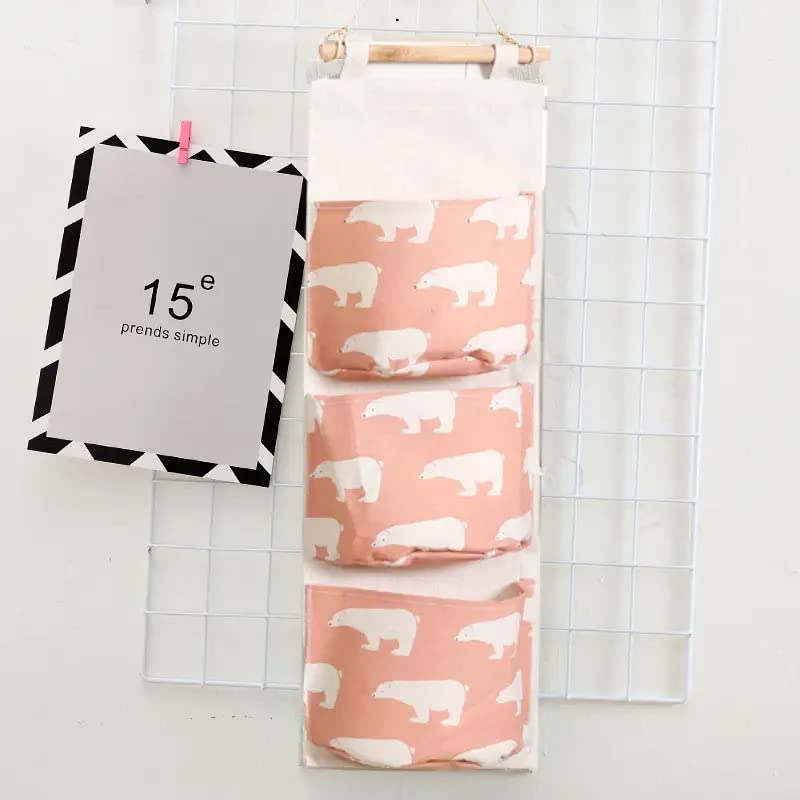 Fabric Wall Hanging Organizer with Three Pockets and Waterproof Lining - Bear Pink