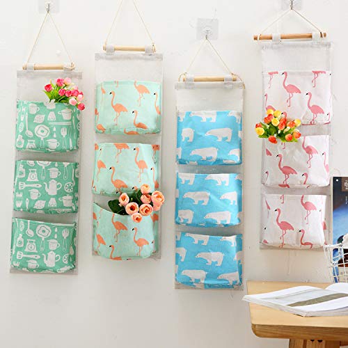 Fabric Wall Hanging Organizer with Three Pockets and Waterproof Lining - Bear Pink