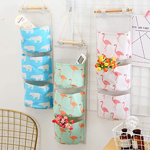 Fabric Wall Hanging Organizer with Three Pockets and Waterproof Lining - Bear Pink