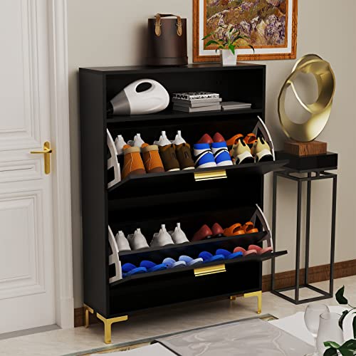 HSSZXFR 47” Tipping Bucket Shoe Cabinet, Freestanding Hidden Shoe Cabinet with 2 Flip Drawers for Entryway, Modern Shoe Rack Storage Organizer for Hallway Bedroom Living Room, Black