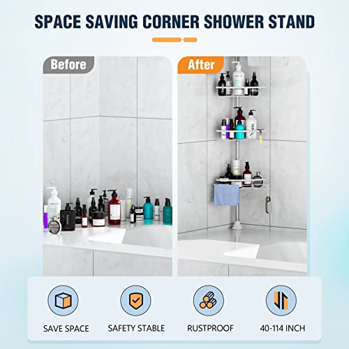 LIVECAST Shower Caddy Corner Organizer with Tension Pole for Bathroom Bathtub Stainless Storage for Shampoo Accessories, 4 Adjustable Shelves, 40 to 114 Inch