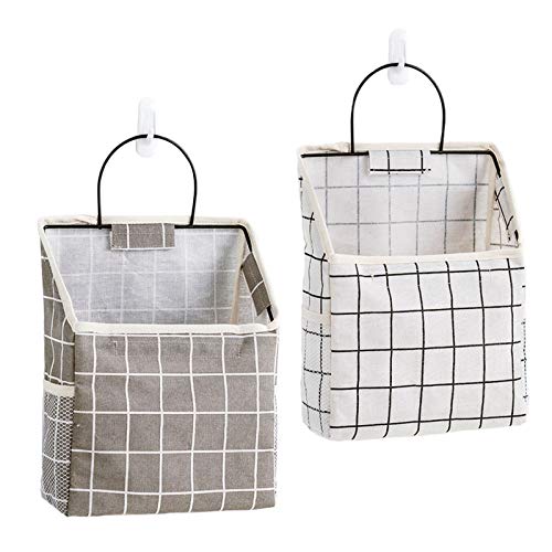 2Pack Wall Hanging Storage Bag - Gray and White, Over The Door Closet Organizer Hanging Pocket Linen Cotton Organizer Box Containers for Bedroom, Bathroom Dormitory Storage (Grid)