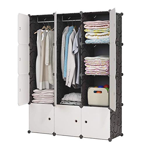 KOUSI Portable Closet Wardrobe Closet Clothes Closet Bedroom Armoire Storage Organizer with Doors, Spacious,Sturdy, Extra Space, Durable Black, 6 Cubes 2 Hanging Clothes-FBA