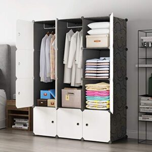 KOUSI Portable Closet Wardrobe Closet Clothes Closet Bedroom Armoire Storage Organizer with Doors, Spacious,Sturdy, Extra Space, Durable Black, 6 Cubes 2 Hanging Clothes-FBA