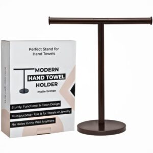 debodda modern hand towel stand for bathroom, kitchen or vanity, height 13.78”, free standing matte bronze countertop rack with balanced base, perfect hand towel holder, dual washcloth display