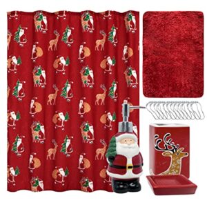 indecor home 17-piece ceramic bathroom accessory set with shower curtain, 12 hooks, soap pump, toothbrush holder, soap dish and bath rug box gift set for christmas xmas (santa)