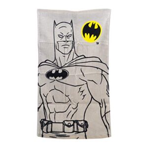 dc comics batman logo hand towel for kids children adults bathroom, 15 inches x 26 inches, made from 100% cotton. grey color with yellow and black classic batman logo.
