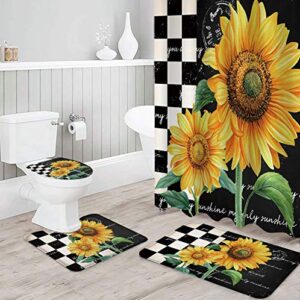 4 piece bathroom set, farm floral sunflowers black and white checkered plaids shower curtain and bath mat set with non-slip rugs, toilet lid cover modern waterproof shower curtain set 36x72 inch