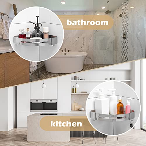 2 Pack Corner Shelves for Shower Corner Shower Caddy Shower Shelves Wall Mounted 304 Stainless Steel Bathroom with Two Hooks No Drill Shower Storage Organizer with Glue and Screw (Matte Silver Color)