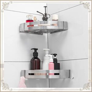 2 Pack Corner Shelves for Shower Corner Shower Caddy Shower Shelves Wall Mounted 304 Stainless Steel Bathroom with Two Hooks No Drill Shower Storage Organizer with Glue and Screw (Matte Silver Color)