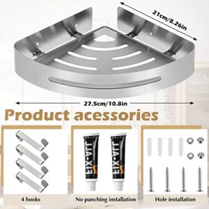 2 Pack Corner Shelves for Shower Corner Shower Caddy Shower Shelves Wall Mounted 304 Stainless Steel Bathroom with Two Hooks No Drill Shower Storage Organizer with Glue and Screw (Matte Silver Color)