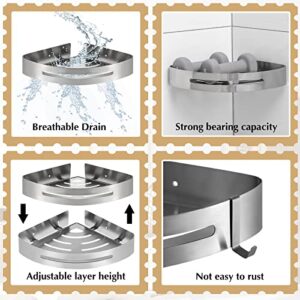 2 Pack Corner Shelves for Shower Corner Shower Caddy Shower Shelves Wall Mounted 304 Stainless Steel Bathroom with Two Hooks No Drill Shower Storage Organizer with Glue and Screw (Matte Silver Color)