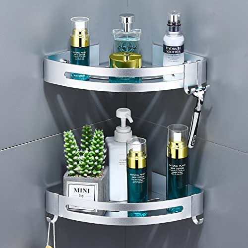 Corner Shower Caddy. Small Bathroom Organizer. Shower Rack with a Holder for Razor. Corner Shelves Wall Mounted. Adhesive Shelf Organizer for Kitchen. Shower Caddy basket with Hooks (2 pack ) (Silver)