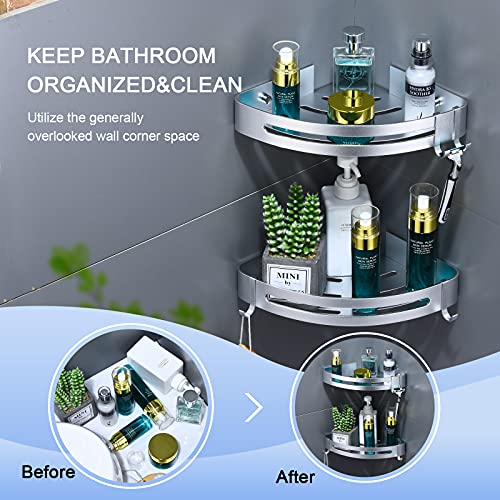 Corner Shower Caddy. Small Bathroom Organizer. Shower Rack with a Holder for Razor. Corner Shelves Wall Mounted. Adhesive Shelf Organizer for Kitchen. Shower Caddy basket with Hooks (2 pack ) (Silver)