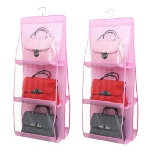 han sheng 2 pcs 6 pockets hanging purse handbag organizer clear hanging shelf bag collection storage holder purse bag wardrobe closet space saving organizers (pink)