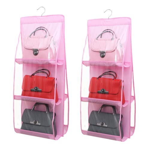 HAN SHENG 2 Pcs 6 Pockets Hanging Purse Handbag Organizer Clear Hanging Shelf Bag Collection Storage Holder Purse Bag Wardrobe Closet Space Saving Organizers (Pink)