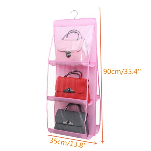 HAN SHENG 2 Pcs 6 Pockets Hanging Purse Handbag Organizer Clear Hanging Shelf Bag Collection Storage Holder Purse Bag Wardrobe Closet Space Saving Organizers (Pink)