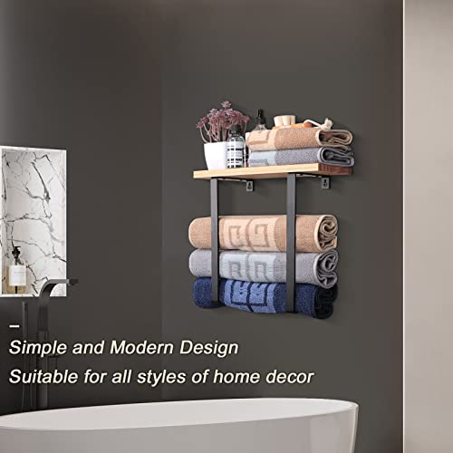 NearMoon Bathroom Towel Rack Wall Mounted, All Metal Bath Towel Holder with Wooden Shelf Rustproof Towel Storage Organizer for Hand Towels, Washcloths, Large Towels, 2 Pack (Matte Black)