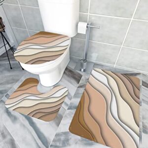 Ombre Bath Rugs for Bathroom Set 3 Piece Beach Geometric Gradient Brown Striped Non-Slip Washable Memory Foam Absorbent Bath Mat Runner Rugs for Tub Shower,U-Shaped Toilet Floor Mats,Toilet Lid Cover