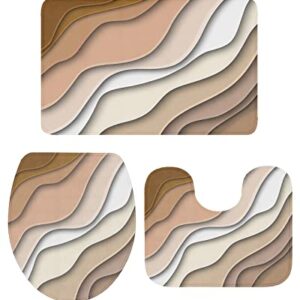 Ombre Bath Rugs for Bathroom Set 3 Piece Beach Geometric Gradient Brown Striped Non-Slip Washable Memory Foam Absorbent Bath Mat Runner Rugs for Tub Shower,U-Shaped Toilet Floor Mats,Toilet Lid Cover