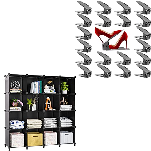 16 Cube Closet Organizers Bundle with 20-Pack Grey Shoe Slots Organizer