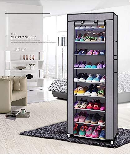 NC 10 -Tiers 9 Lattices Fashionable Room-Saving Non-Woven Fabric Shoe Rack Shoerack Storage Organizer Coffee (Gray)