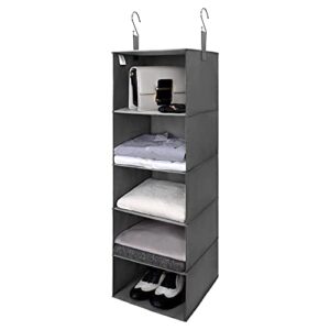 granny says 5-shelf hanging closet organizers and storage, hanging shelves for closet storage, collapsible hanging shelf organizer for clothes organization, dark gray, 12 ¼" d x 12 ¼" w x 45 ½" h