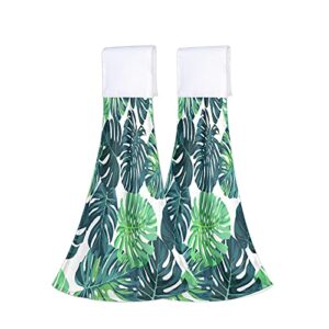 tropical leaf hanging kitchen towels 2pc, green monstera palm leaves hand towels dish cloth tie towel absorbent oven stove washcloth with loop for bathroom farmhouse housewarming tabletop home