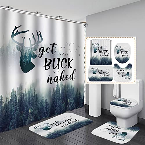 Camille&Andrew 4PCS Deer Antler Shower Curtain Set with Rugs, Green Pine Tree Misty Forest Nature Scenery Funny Quote Bird Elk Moose Wildlife Animal Hunting Rustic Cabin Bathroom Decor, Get Buck Naked