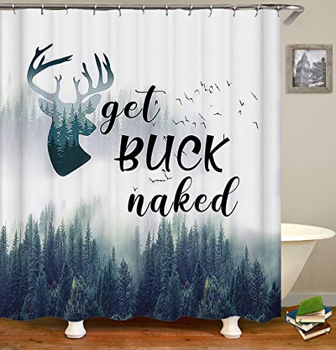 Camille&Andrew 4PCS Deer Antler Shower Curtain Set with Rugs, Green Pine Tree Misty Forest Nature Scenery Funny Quote Bird Elk Moose Wildlife Animal Hunting Rustic Cabin Bathroom Decor, Get Buck Naked