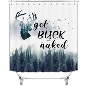 Camille&Andrew 4PCS Deer Antler Shower Curtain Set with Rugs, Green Pine Tree Misty Forest Nature Scenery Funny Quote Bird Elk Moose Wildlife Animal Hunting Rustic Cabin Bathroom Decor, Get Buck Naked