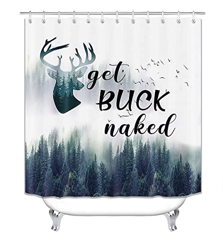 Camille&Andrew 4PCS Deer Antler Shower Curtain Set with Rugs, Green Pine Tree Misty Forest Nature Scenery Funny Quote Bird Elk Moose Wildlife Animal Hunting Rustic Cabin Bathroom Decor, Get Buck Naked