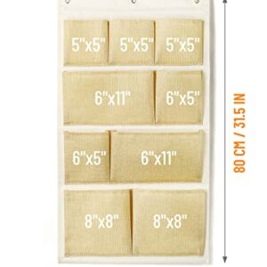 Over Door 4-Shelf Hanging Storage Bags Wall Mount Closet Organizer, 9 Pockets Linen Cotton Fabric Multi Functional Living Room Bedroom Bathroom File Magazine Waterproof Free Hooks Yellow