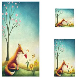 naanle spring little red fox with flowers butterfly soft luxury decorative set of 3 towels, 1 bath towel+1 hand towel+1 washcloth, multipurpose for bathroom, hotel, gym, spa and beach