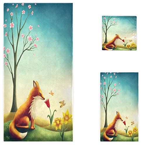 Naanle Spring Little Red Fox with Flowers Butterfly Soft Luxury Decorative Set of 3 Towels, 1 Bath Towel+1 Hand Towel+1 Washcloth, Multipurpose for Bathroom, Hotel, Gym, Spa and Beach