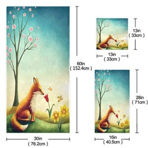 Naanle Spring Little Red Fox with Flowers Butterfly Soft Luxury Decorative Set of 3 Towels, 1 Bath Towel+1 Hand Towel+1 Washcloth, Multipurpose for Bathroom, Hotel, Gym, Spa and Beach