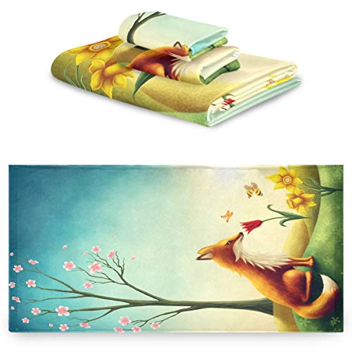 Naanle Spring Little Red Fox with Flowers Butterfly Soft Luxury Decorative Set of 3 Towels, 1 Bath Towel+1 Hand Towel+1 Washcloth, Multipurpose for Bathroom, Hotel, Gym, Spa and Beach